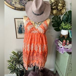 Dots Y2K Boho Bollywood Orange Paisley Hippie Sleeveless Summer Sun Dress Sz S